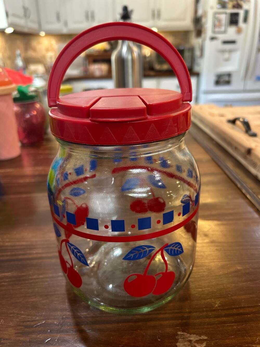 Vintage Glass Sun Tea Jar Cherry Print Red Lid Half Gallon